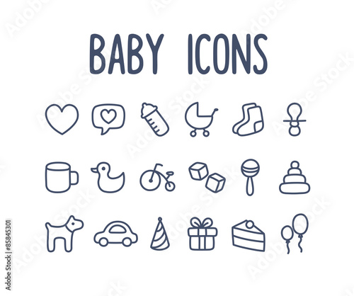 Set of hand drawn baby themed line icons: toys and other related objects.