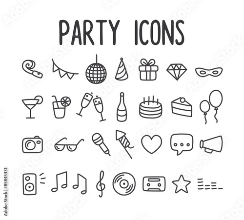 Set of hand drawn party themed line icons.