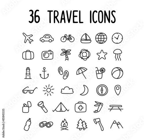 36 hand drawn doodle style travel icons: beach vacation, camping, modes of transportation and more.