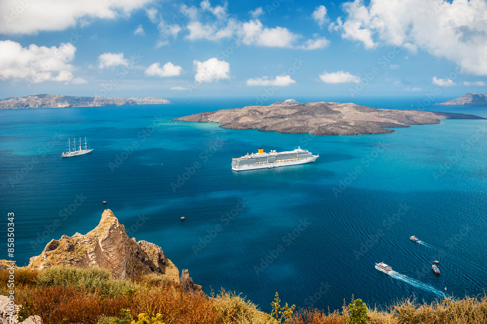 Cruise ship at sea near the Greek Islands.