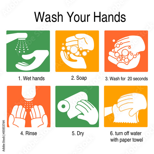 How to wash your hands to avoid germs and other bad viruses. on orange and green style  