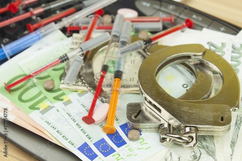 The concept of cybercrime. Illegal sales of medications and drugs over the Internet. Valid banknotes euro and the Czech koruna. Arrest cybercriminals, metal handcuffs and computer keyboard.   © martinfredy