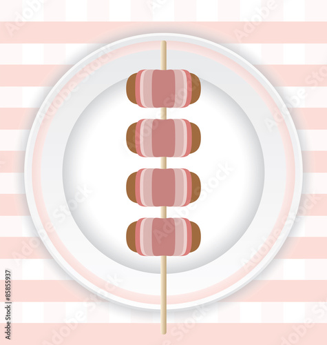 Grilled Bacon wrapped sausages on a plate on pink background pattern.
