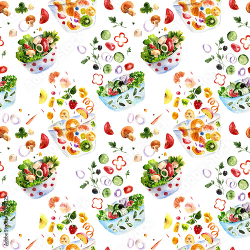 Seamless pattern with salad. Watercolor illustration