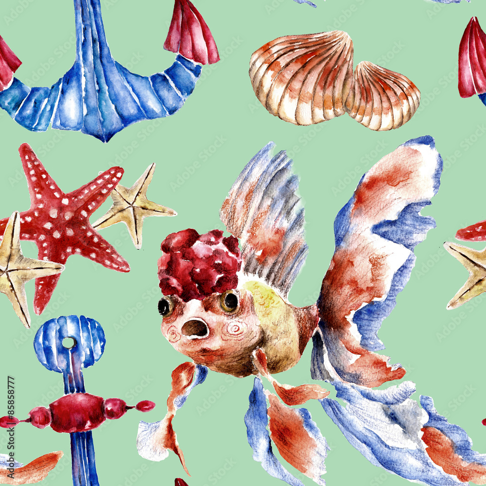 Seamless pattern with gold fish, anchor and sea shell. Watercolor illustration.