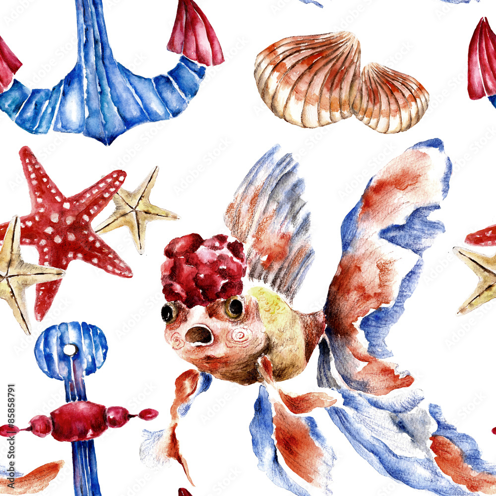 Naklejka premium Seamless pattern with gold fish, anchor and sea shell. Watercolor illustration.
