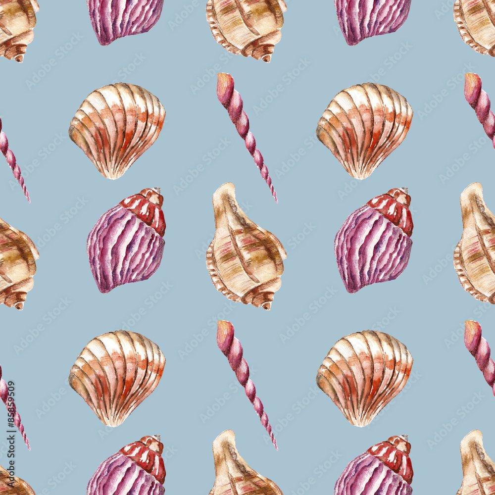 Seamless pattern with sea-shells. Watercolor illustration. Seamless pattern with sea-shells. Watercolor illustration.