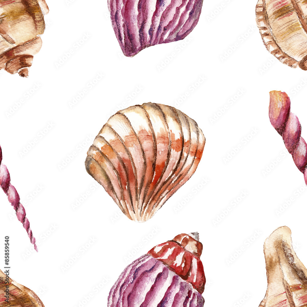 Seamless pattern with sea-shells. Watercolor illustration. Seamless pattern with sea-shells. Watercolor illustration.