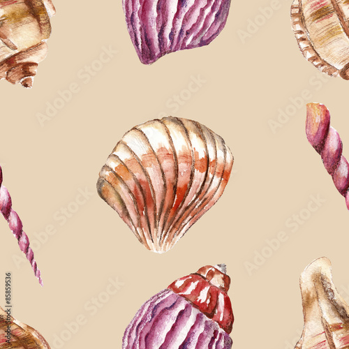 Seamless pattern with sea-shells. Watercolor illustration.