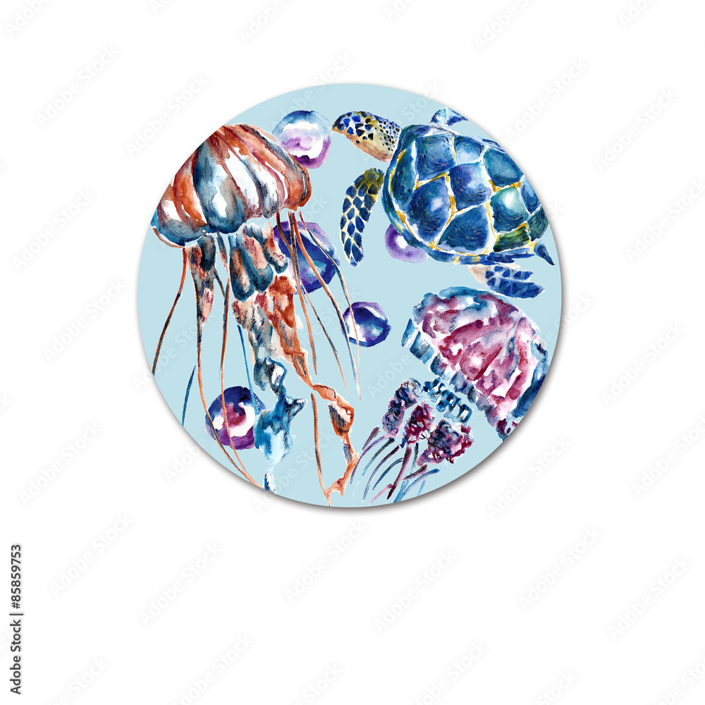 Background with jellyfish and turtles. Watercolor illustration.. Background with jellyfish and turtles. Watercolor illustration..