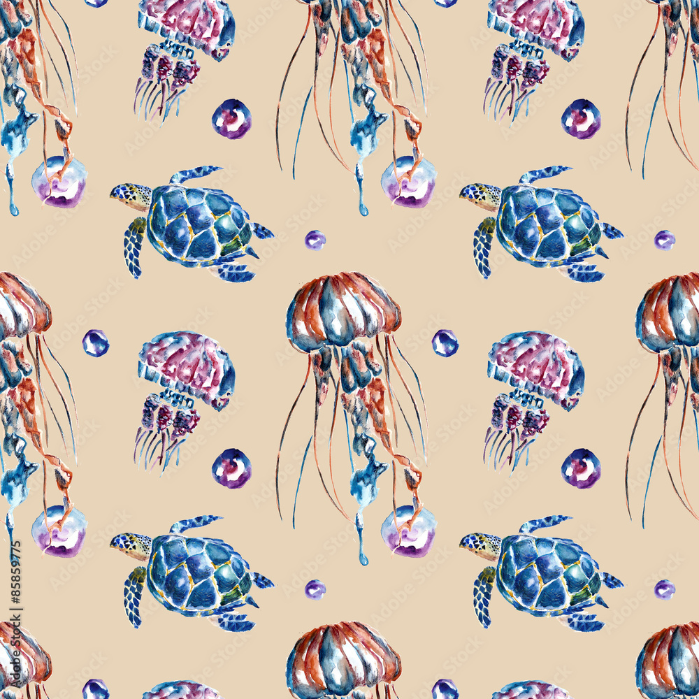 Seamless pattern with jellyfish and turtles. Watercolor Seamless pattern with jellyfish and turtles. Watercolor
