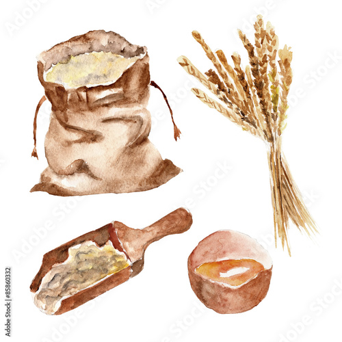 Isolated set with bread, flour, wheat. Watercolor illustration