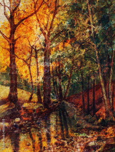 landscape oil painting with river in autumn forest. Vintage 