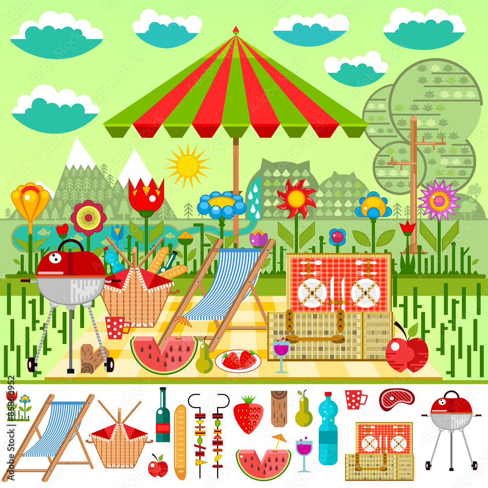 Summer picnic in the meadow with mountain views. Barbecue, basket with food, set of elements for a picnic vector illustration Summer picnic in the meadow with mountain views. Barbecue, basket with food, set of elements for a picnic vector illustration
