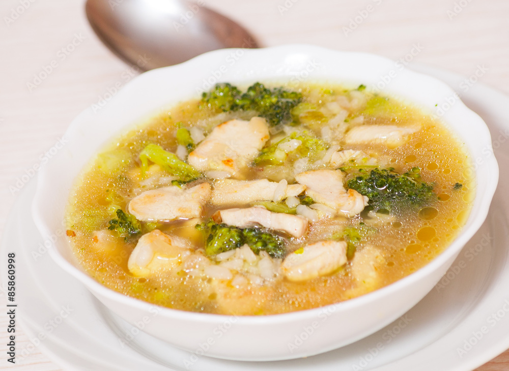 chicken soup with rice and broccoli