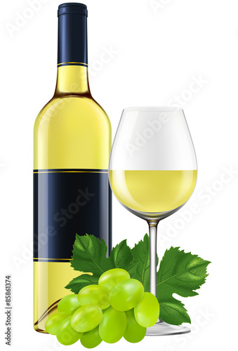 White wine bottle with a glass and grapes. EPS10 photo-realistic vector illustration.