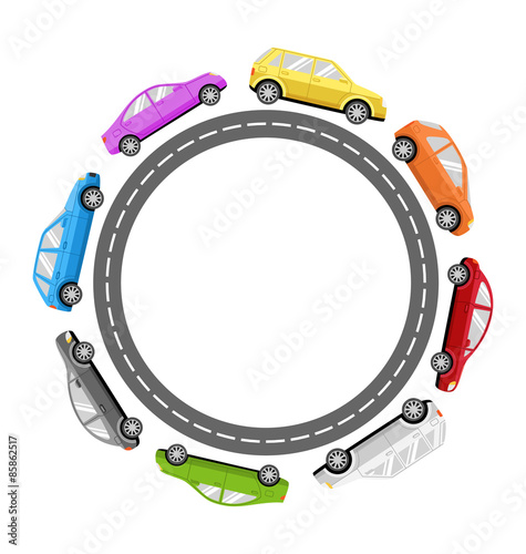 Circle Road Frame with Colorful Cars Isolated on White Backgroun