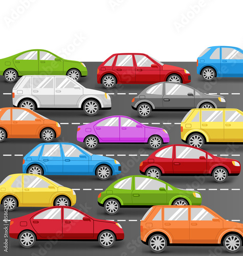 Multicolored Cars on Road. Vector Transport Background
