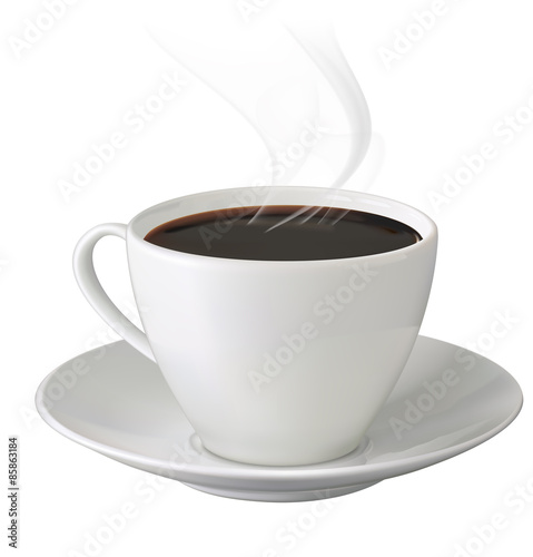 Cup of hot coffee with steam and saucer on white background. Vec
