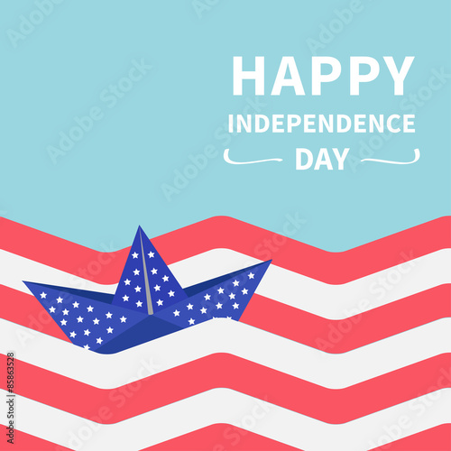 Paper boat with stars. Striped ocean Happy independence day United states of America. 4th of July. Flat design photo