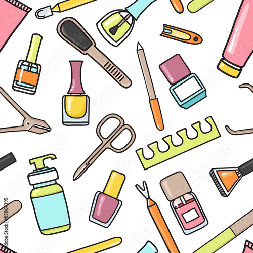 Vector seamless pattern of manicure and pedicure doodle equipmen