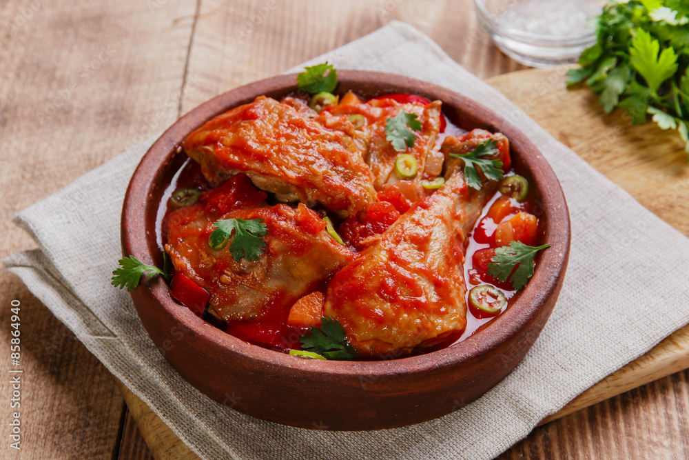 chicken in tomato sauce in a bowl chakhokhbili chicken in tomato sauce in a bowl chakhokhbili