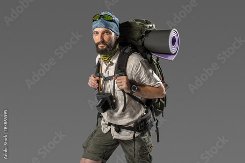 Portrait of a male fully equipped tourist 