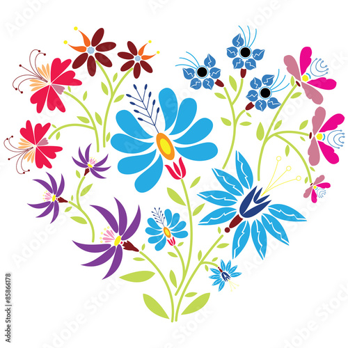 Color folk floral pattern in heart shape on white background