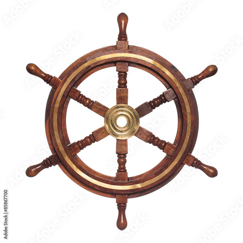 Old  wooden steering wheel isolated on white background