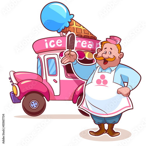 Cartoon ice cream car with the seller