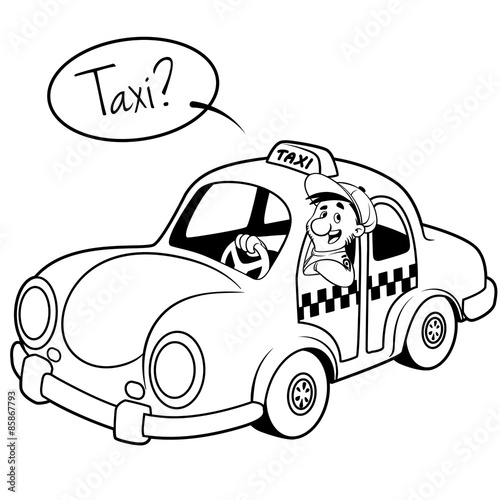 Taxi driver in the car. Outline on a white background