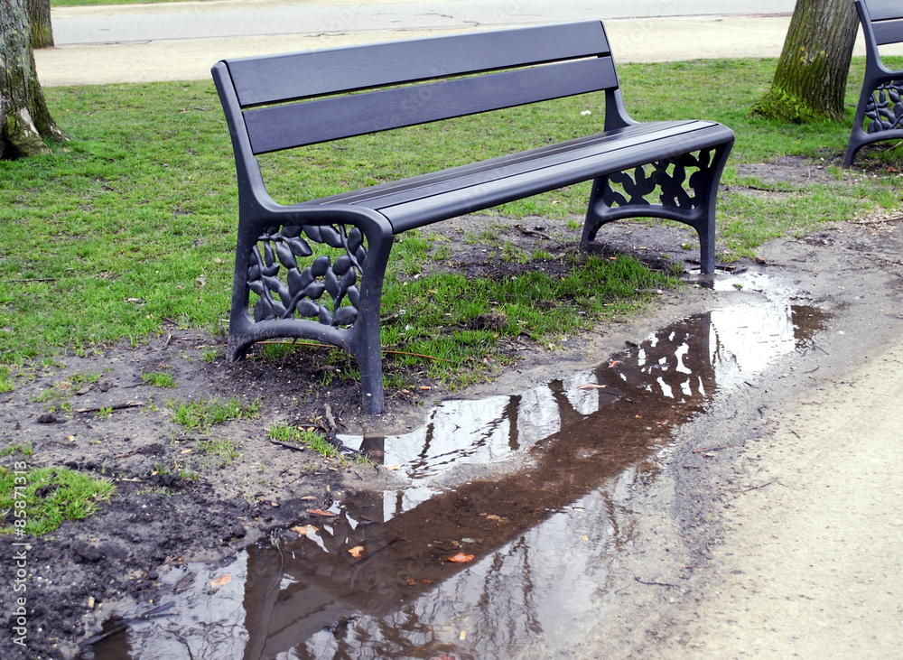 water reflection of a park bench