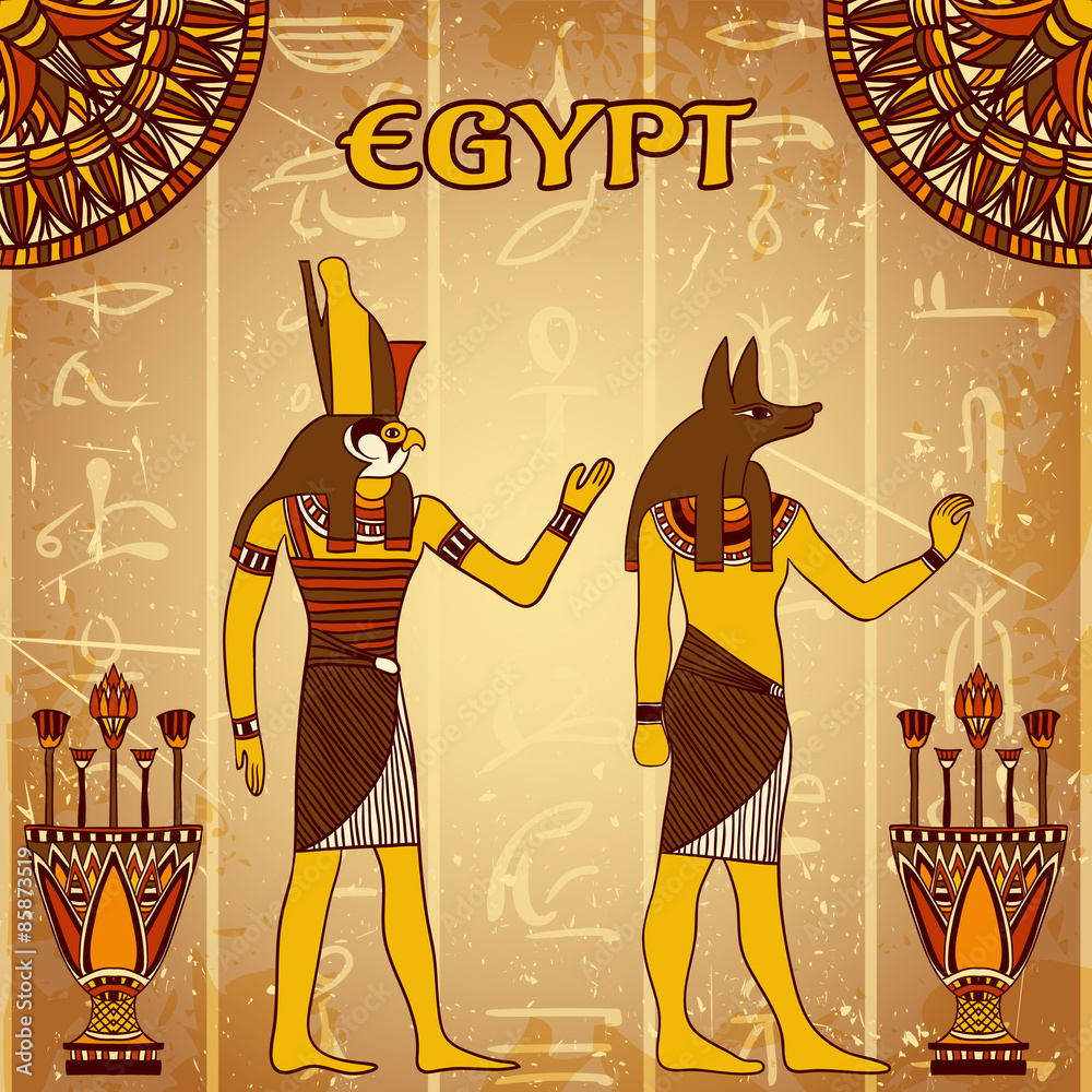 Vintage poster with egyptian gods on the grunge background with ...