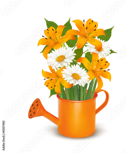Watering can with a bouquet of flowers. Vector.