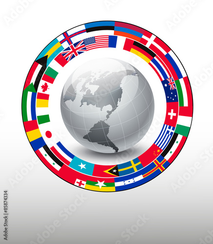 Travel background. Globe with a strip of flags. Vector. #85874334