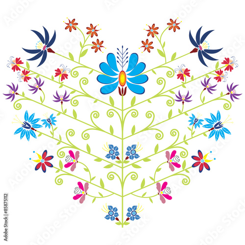 Fototapeta Naklejka Na Ścianę i Meble -  Ethnic folk floral pattern in heart shape on white background