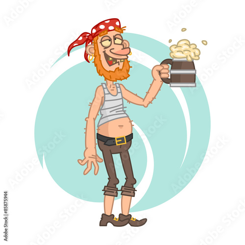 Drunken pirate holding mug of beer