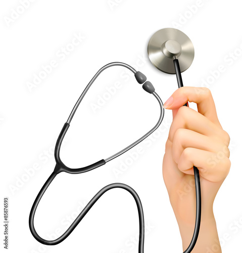 Medical background with hand holding a stethoscope. Vector.