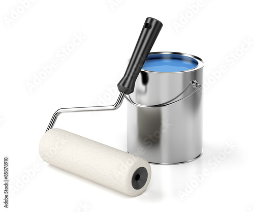 Fototapeta Naklejka Na Ścianę i Meble -  Paint roller and blue paint