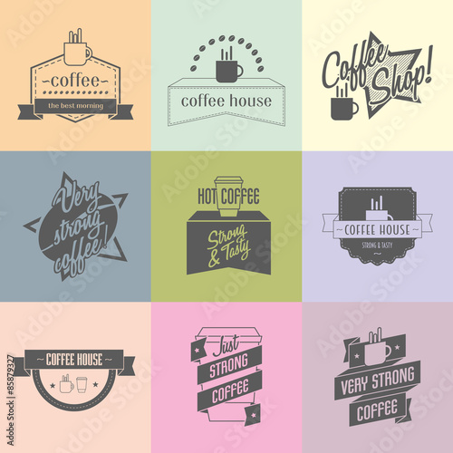 Coffee shop logo ideas for brand. Can be used to design business cards, shop windows, posters, flyers, etc.