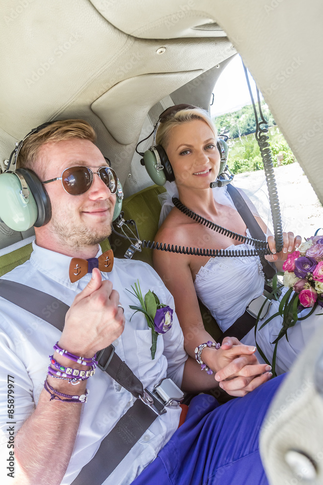 Happy Wedding Couple Bride And Groom Riding Helicopter Stock Photo ...