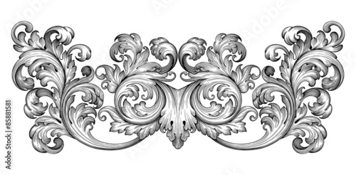 Vintage baroque frame leaf scroll floral ornament engraving border retro pattern antique style swirl decorative design element black and white filigree vector photo