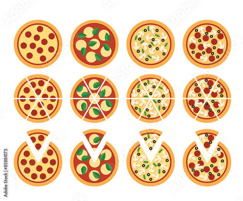 Set of flat pizza icons isolated on white: whole, cut, and with separete slice. Four varieties: pepperoni, Margherita, vegetarian and mixed.