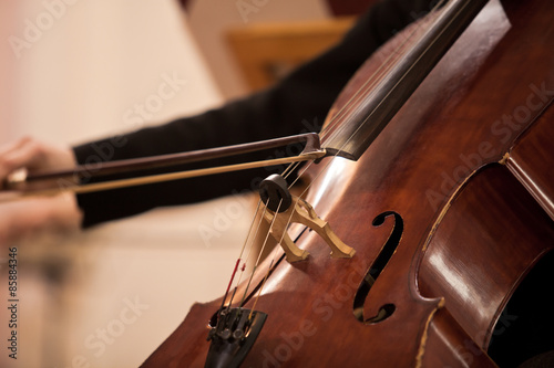 The bow on the strings cello closeup