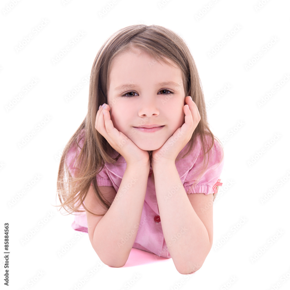 cute thoughtful little girl lying isolated on white cute thoughtful little girl lying isolated on white