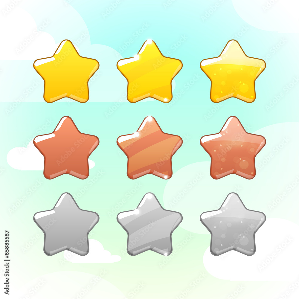 Set of Golden, Silver and Bronze Stars. Vector GUI elements for mobile games Set of Golden, Silver and Bronze Stars. Vector GUI elements for mobile games