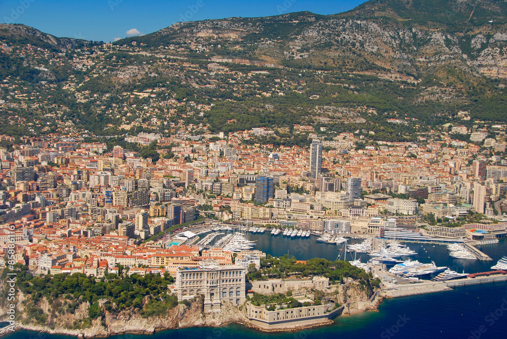 view of the french riviera, Monaco, cote D'azure coast line from the sky
