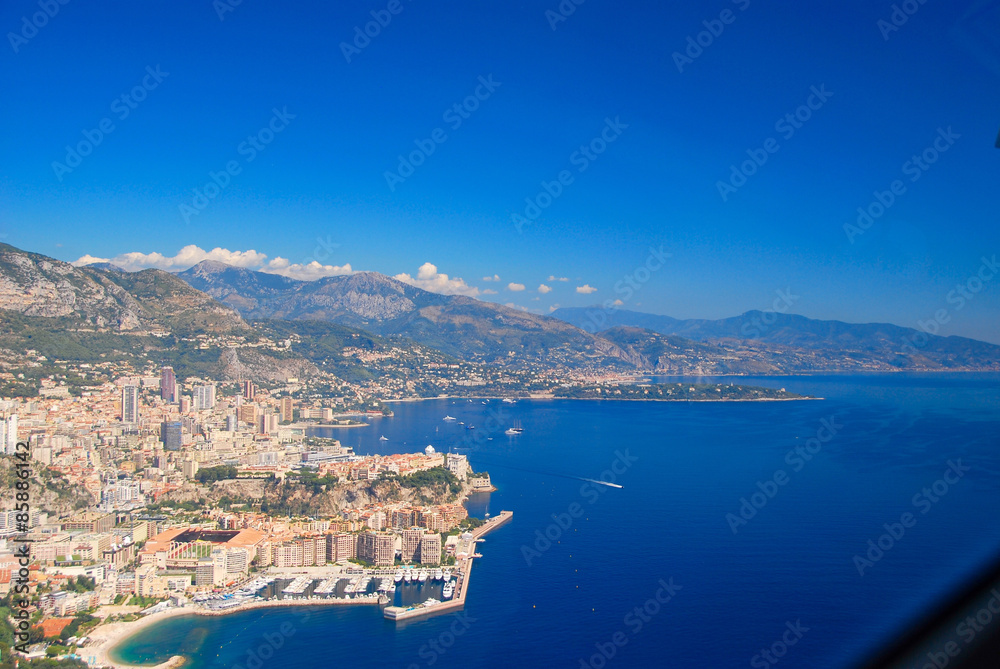 view of the french riviera, Monaco, cote D'azure coast line from the sky