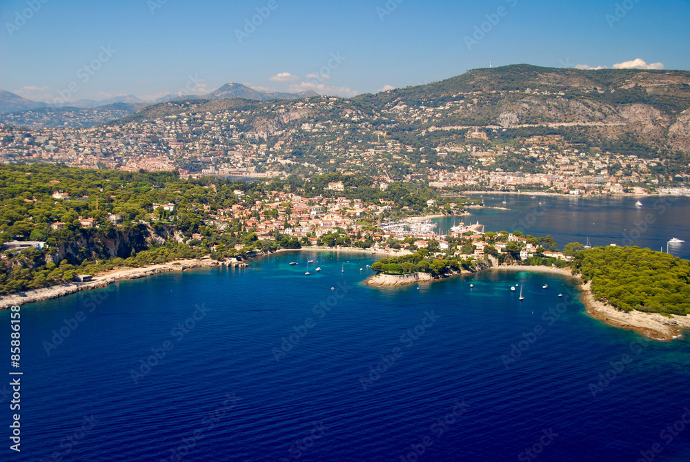 view of the french riviera, St jean cap ferrat, cote D'azure coast line from the sky