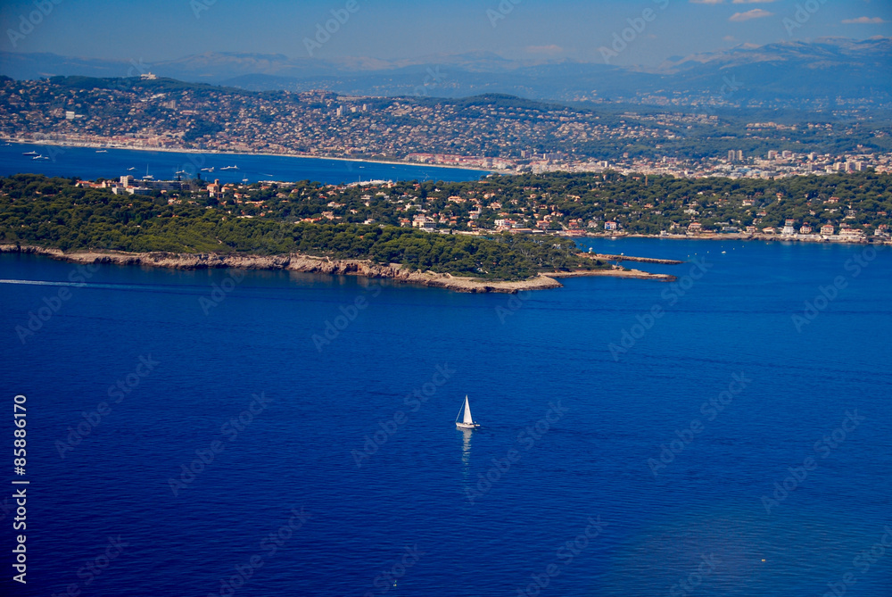 view of the french riviera, Cap Antibes, cote D'azure coast line from the sky